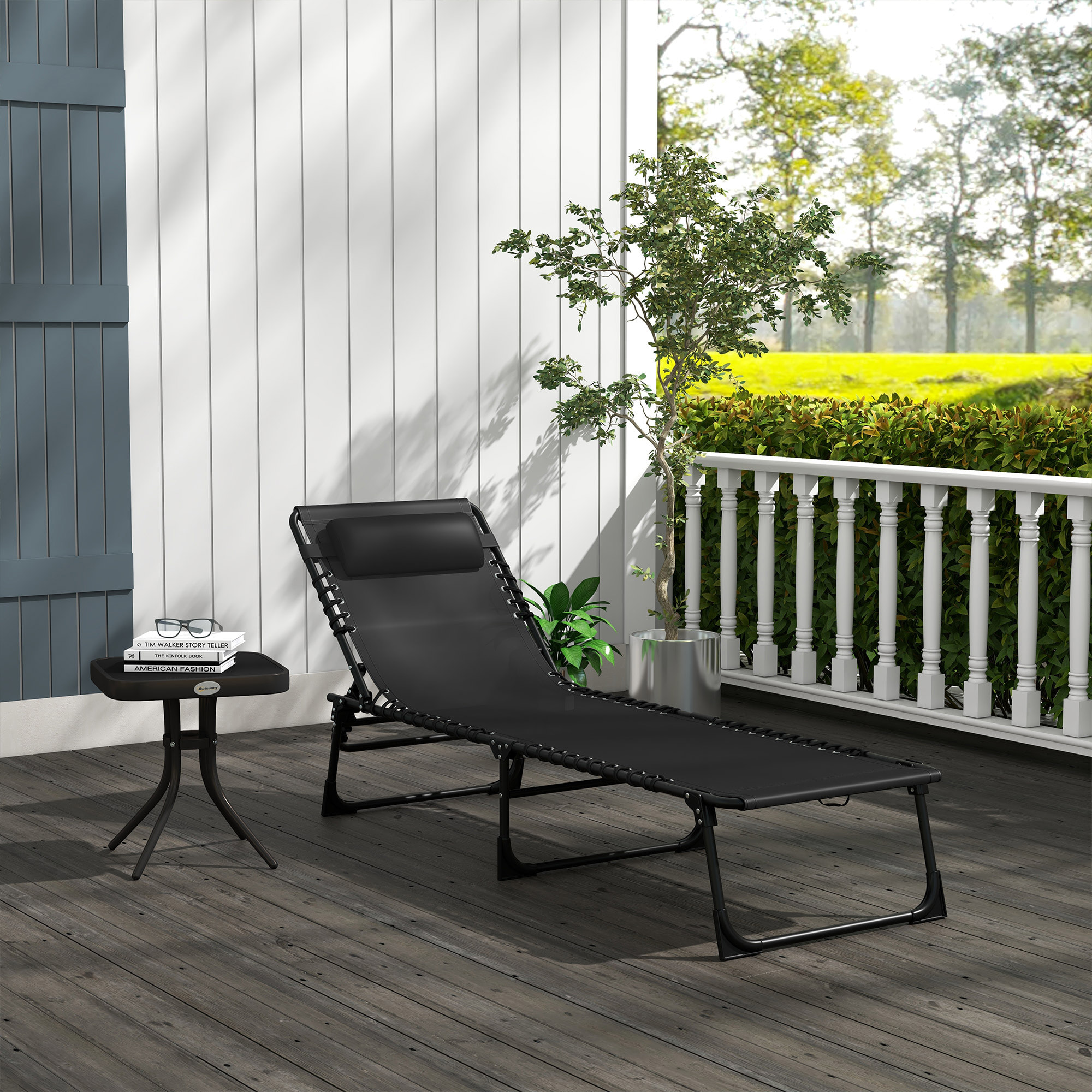 Tumbona Plegable y Ajustable de 4 Posiciones Silla Reclinable de Jardín con Sistema de Cordones para Exterior Marco Acero 189x58x30 cm Negro