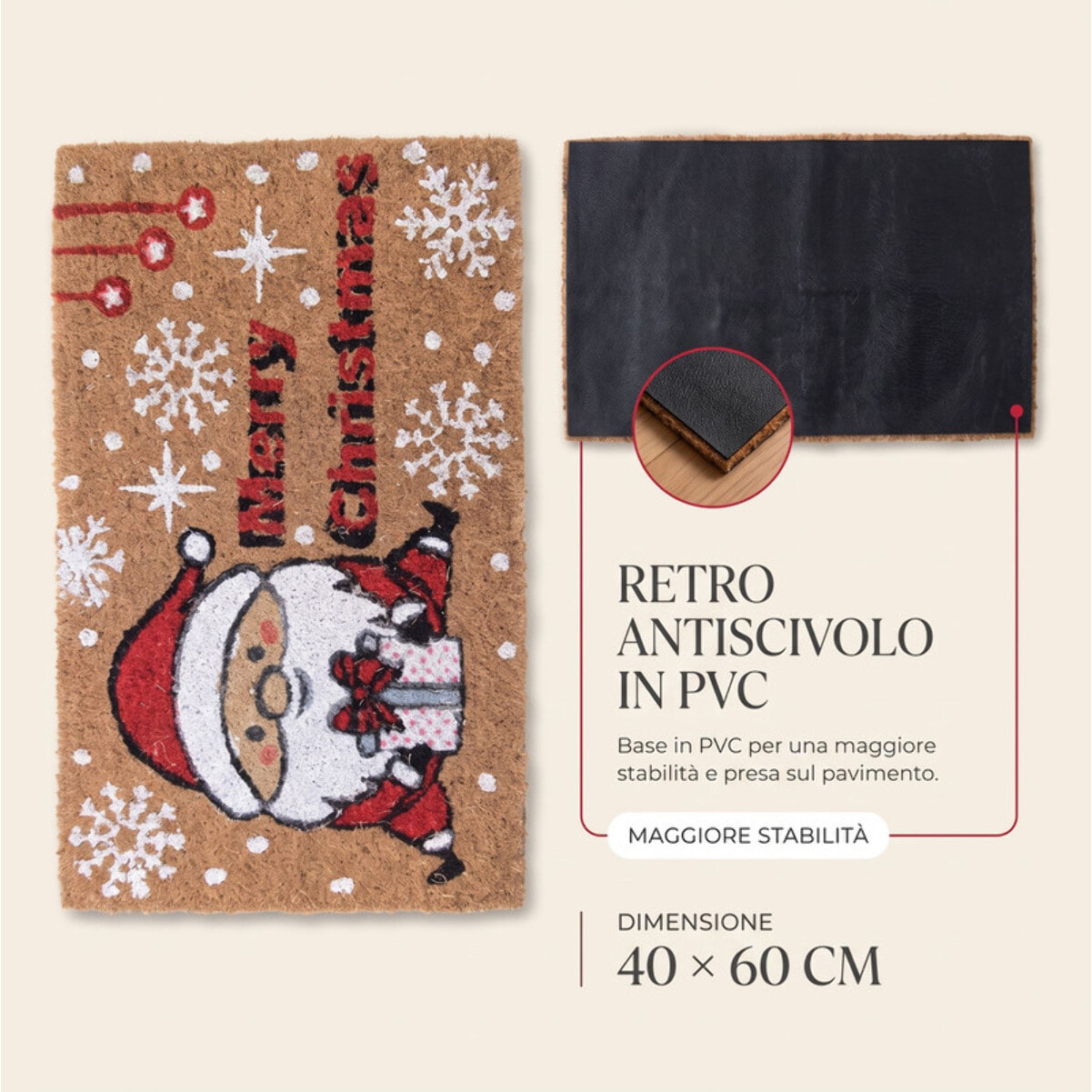 Zerbino natalizio Babbo Natale Merry Christmas in cocco e PVC - Multicolore