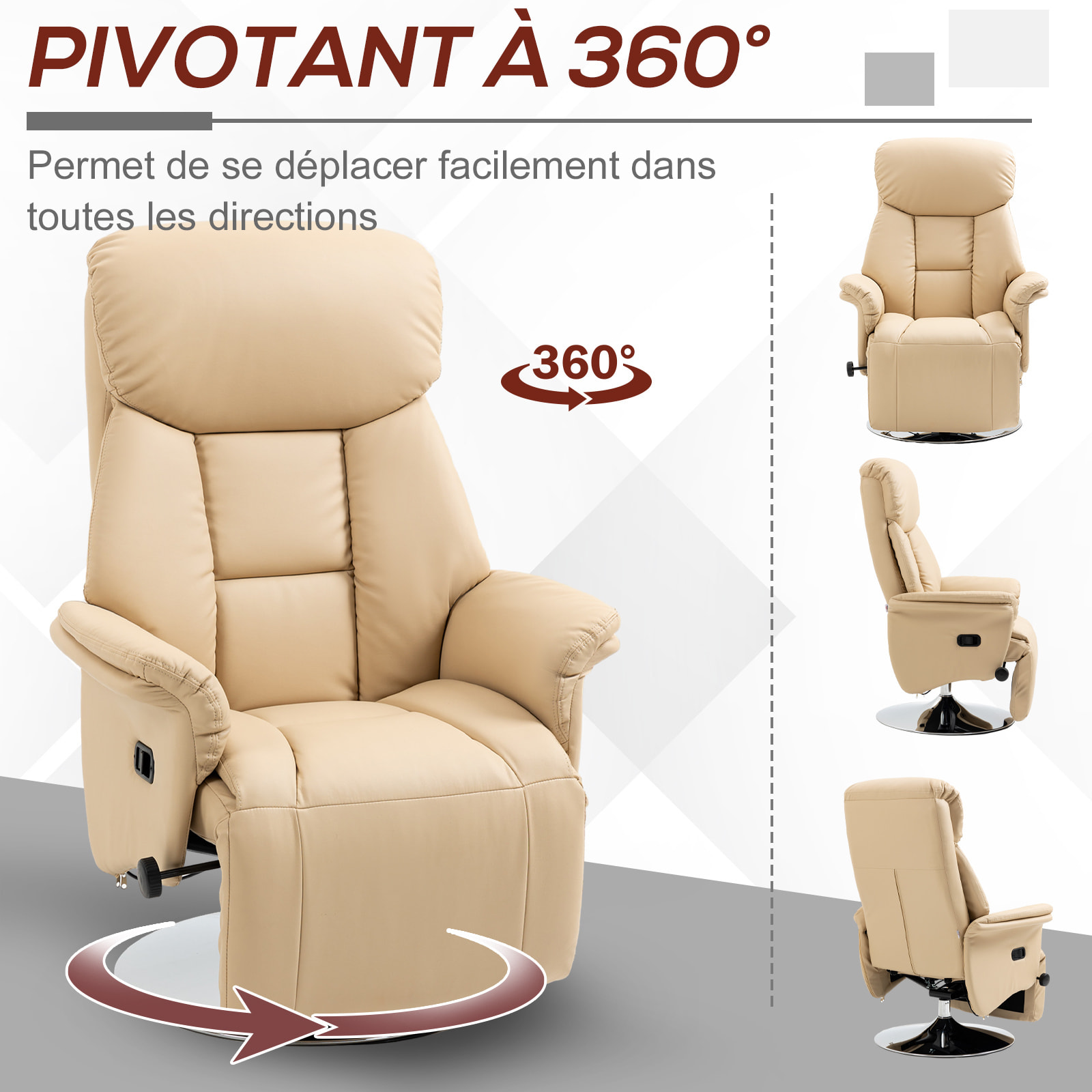 Fauteuil relax inclinable repose-pied réglable pivotant 360° piètement métal chromé revêtement synthétique beige