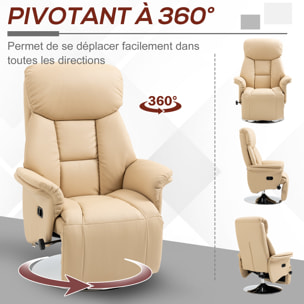 Fauteuil relax inclinable repose-pied réglable pivotant 360° piètement métal chromé revêtement synthétique beige