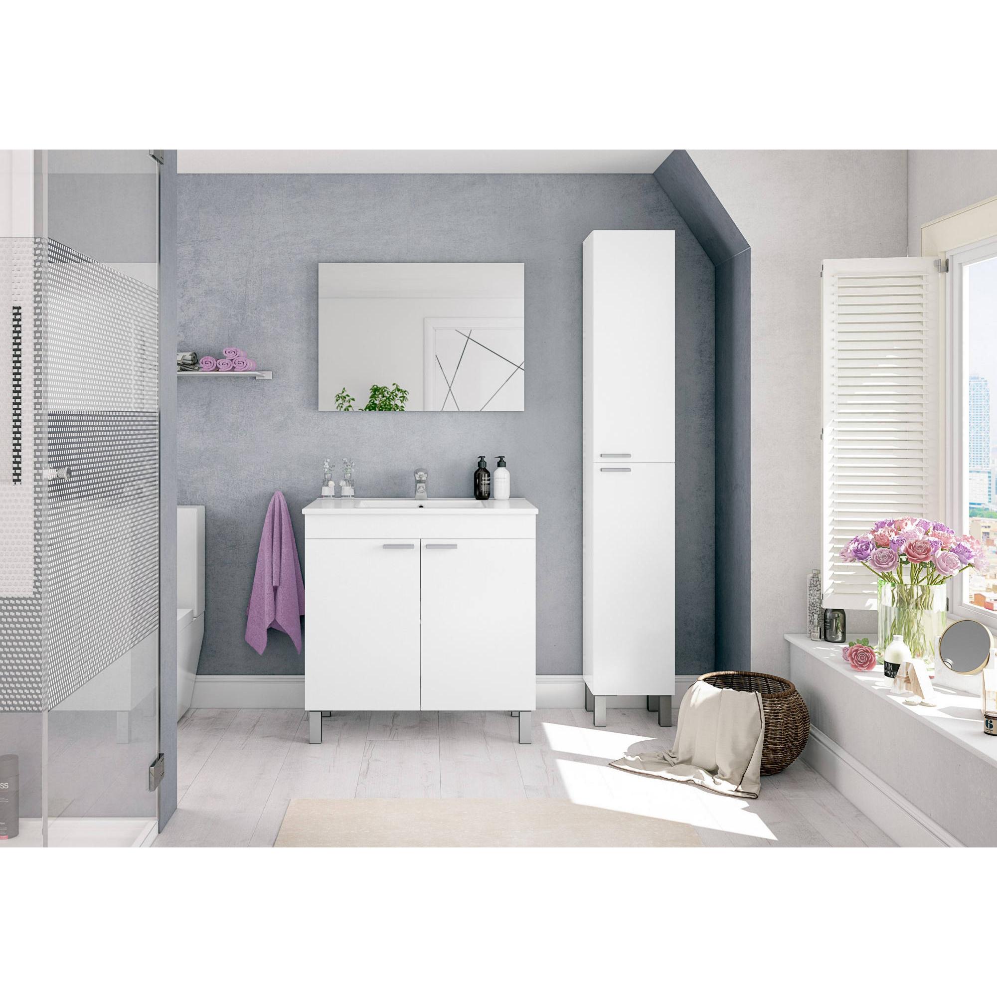 Mobile sottolavabo Augusta, Mobiletto per bagno a 2 ante, Armadietto da terra con specchio, cm 80x45h80, Bianco