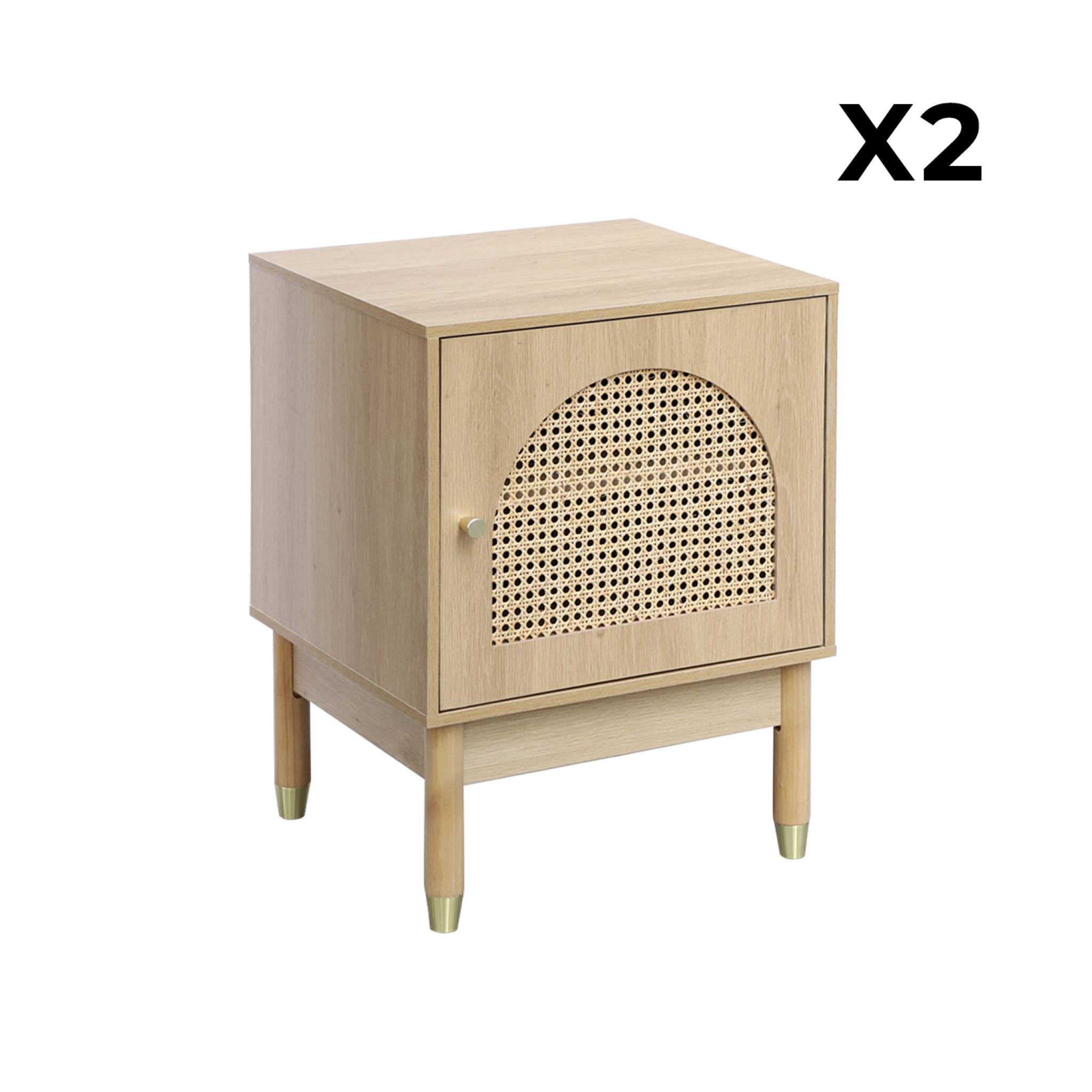 Lot de 2 tables de chevet bohème bois et cannage naturel 1 porte 45 x 40 x 60 cm - Judith