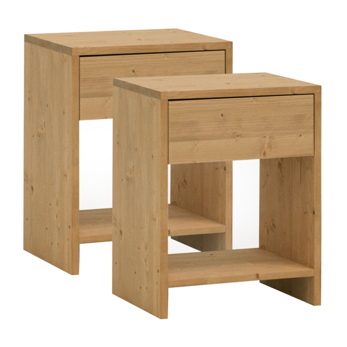 Pack de 2 mesitas de madera maciza con un cajón en tono roble medio de varias medidas