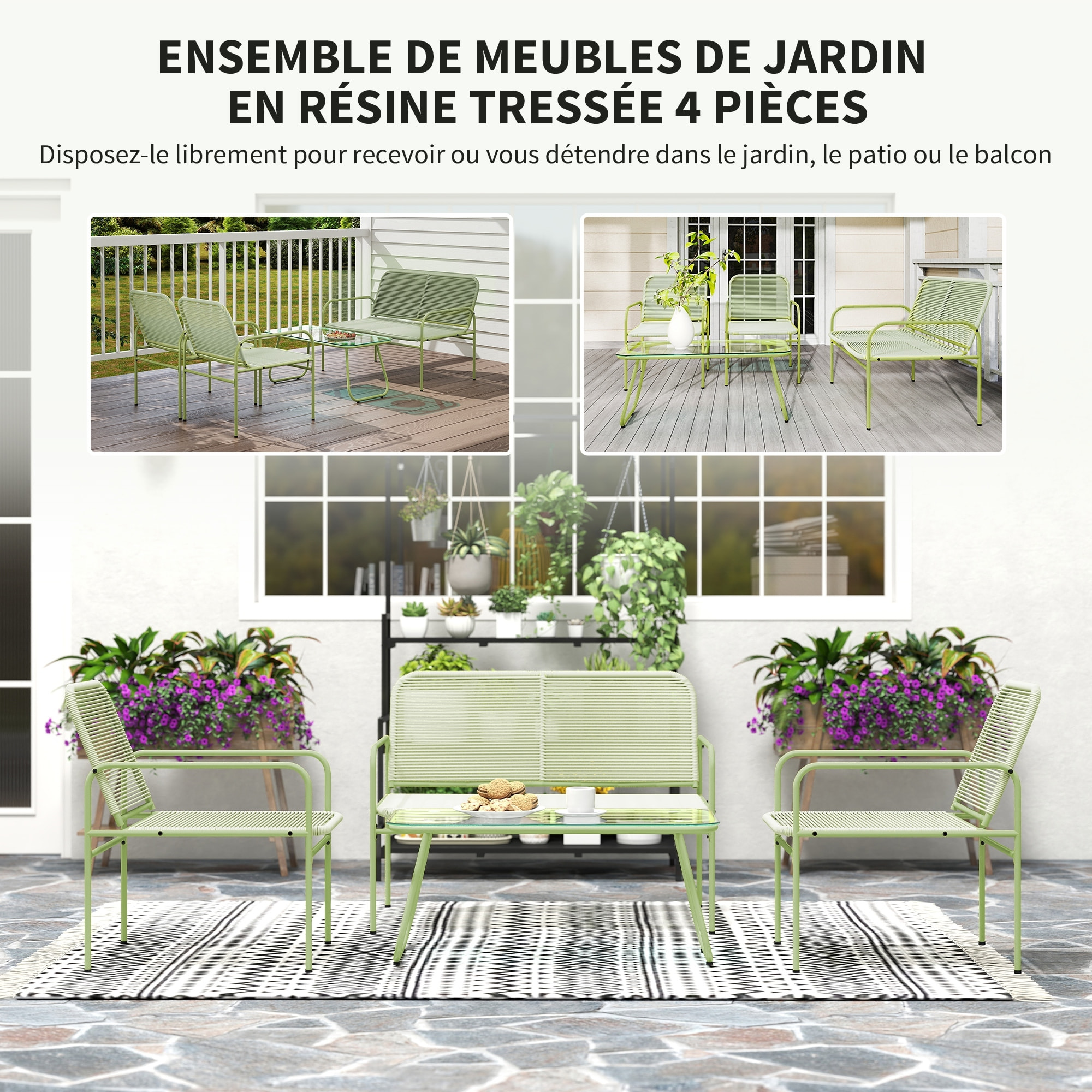 Salon de jardin style Acapulco 4 places 4 pièces plateau verre trempé acier résine filaire vert