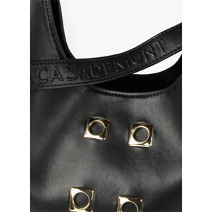 Borsa shopper con occhielli in metallo quadrati