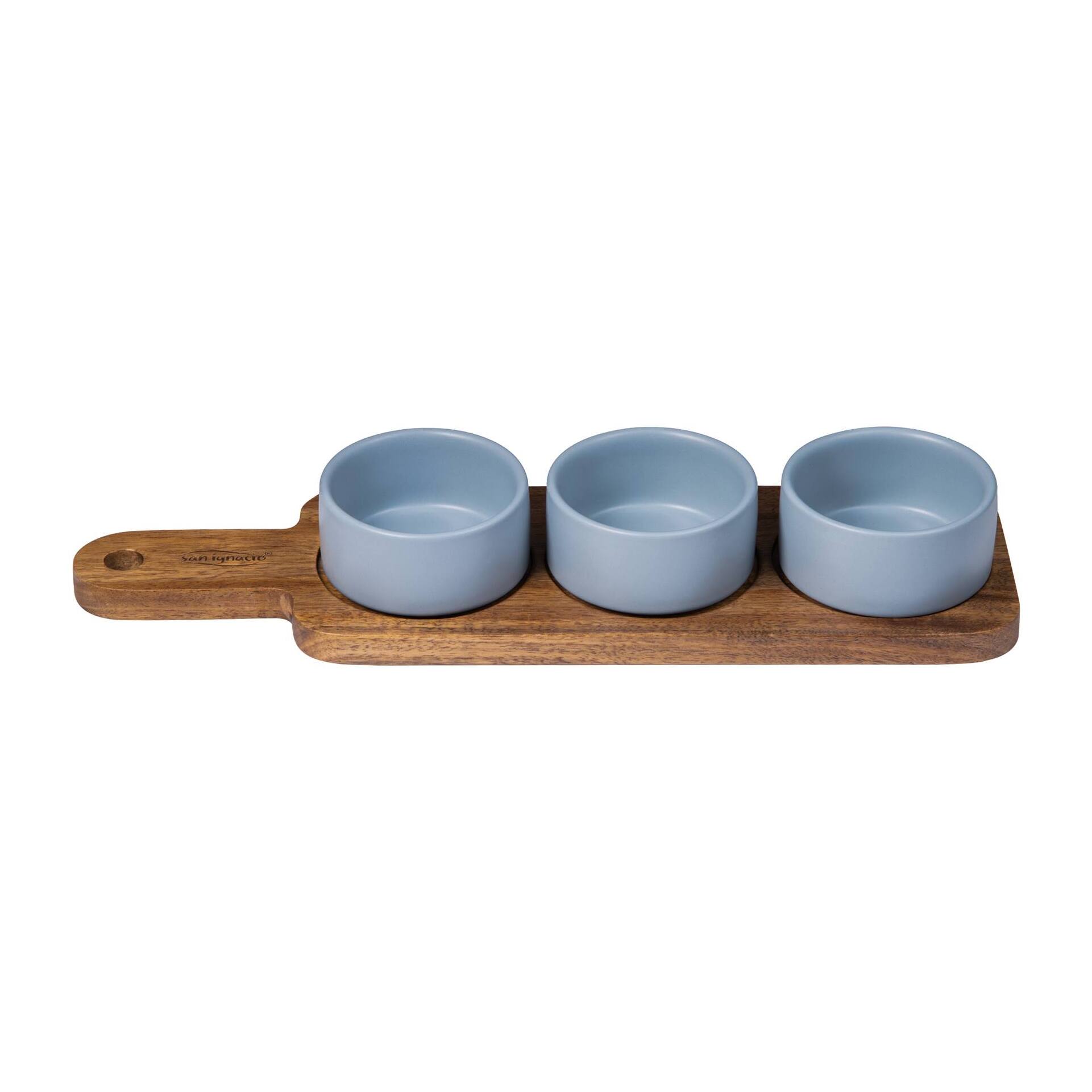 Set de 3 boles para salsa + 1 bandeja de madera san ignacio