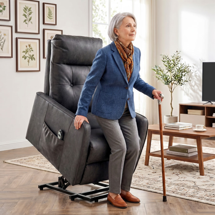 HOMCOM Sillón Relax Reclinable Eléctrico Levanta Personas, Tapizado en Cuero PU, Sillón Elevador con Control Remoto, Asiento de Muelles, Reposapiés, Respaldo Alto, Bolsillos Laterales, Gris