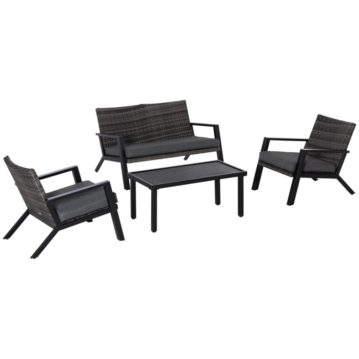 Conjunto de Muebles de Jardín de Ratán 4 Piezas Juego de Muebles de Exterior con Sofá de 2 Plazos Sofás Individuales y Mesa de Centro para Terraza Patio Negro