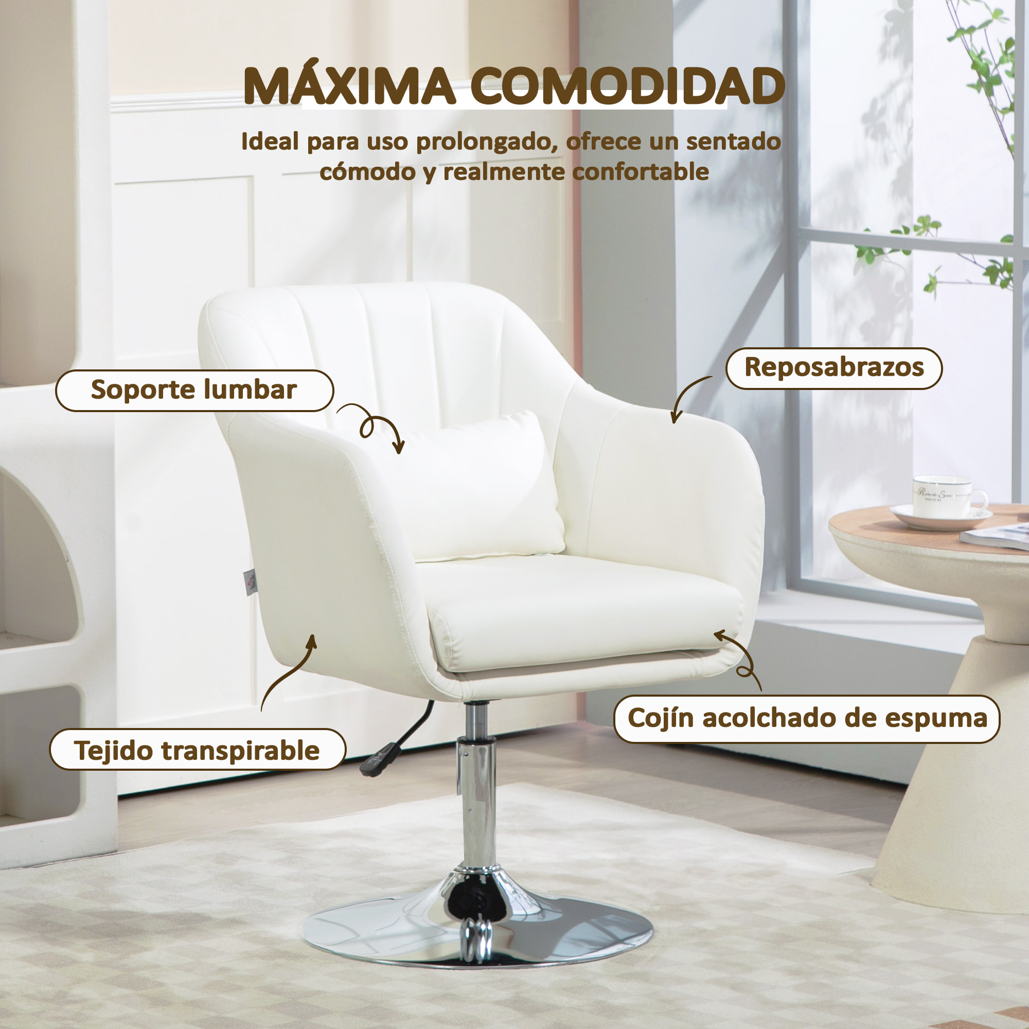 Butaca de Dormitorio Moderna Butaca de Salón Giratoria Tapizado en PU con Altura Ajustable Reposabrazos y Cojín Butaca para Sala de Estar Blanco