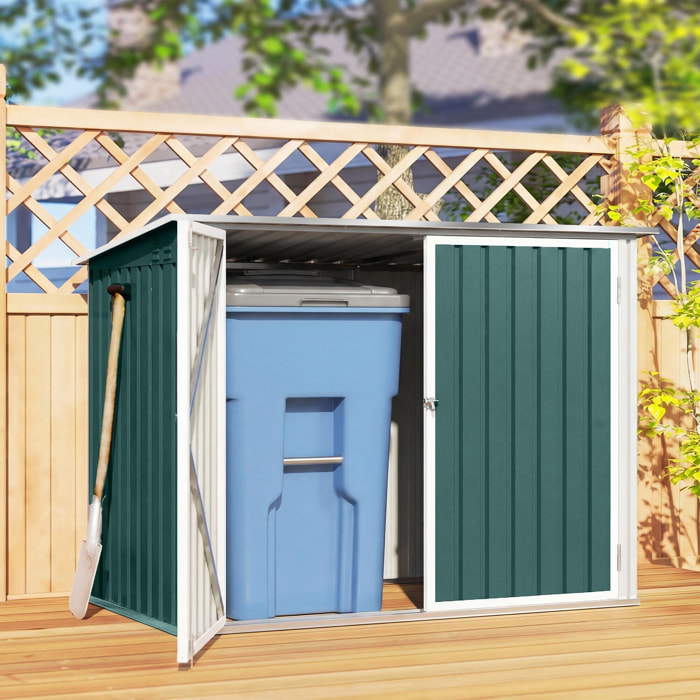 Abri de poubelle jardin - cache poubelle - 2 portes verrouillables, toit ouvrant - tôle d'acier blanc vert