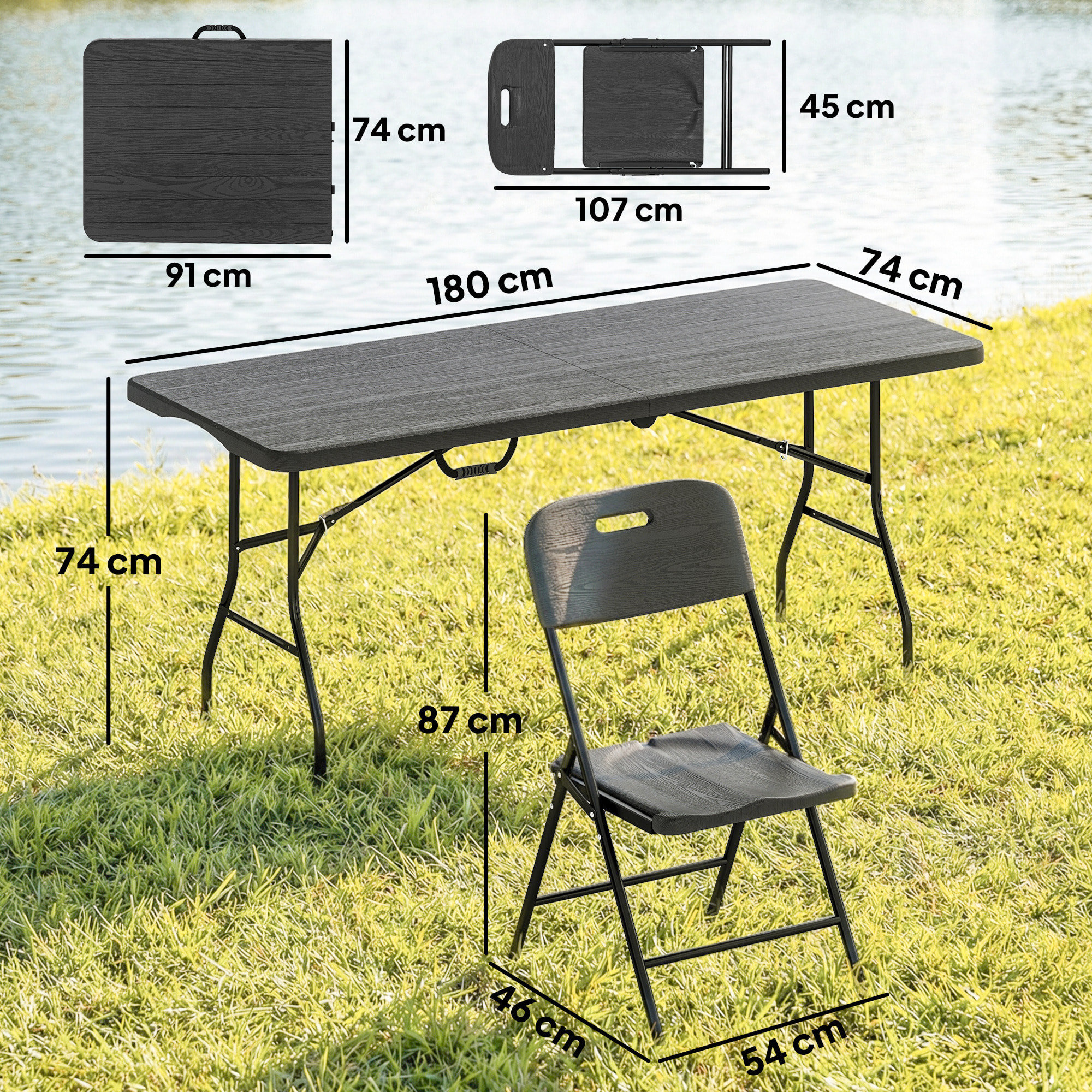 Conjunto de Camping Plegable de 5 Piezas Mesa Plegable Camping con Sillas Incluye 1 Mesa 180x74x74 cm y 4 Sillas Tapa Impermeable HDPE y Estructura de Metal para Acampadas Jardín Pícnic Negro