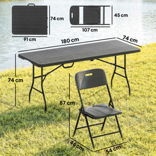 Conjunto de Camping Plegable de 5 Piezas Mesa Plegable Camping con Sillas Incluye 1 Mesa 180x74x74 cm y 4 Sillas Tapa Impermeable HDPE y Estructura de Metal para Acampadas Jardín Pícnic Negro