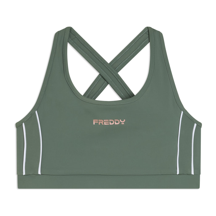 Top medio supporto in jersey tecnico con spalline incrociate
