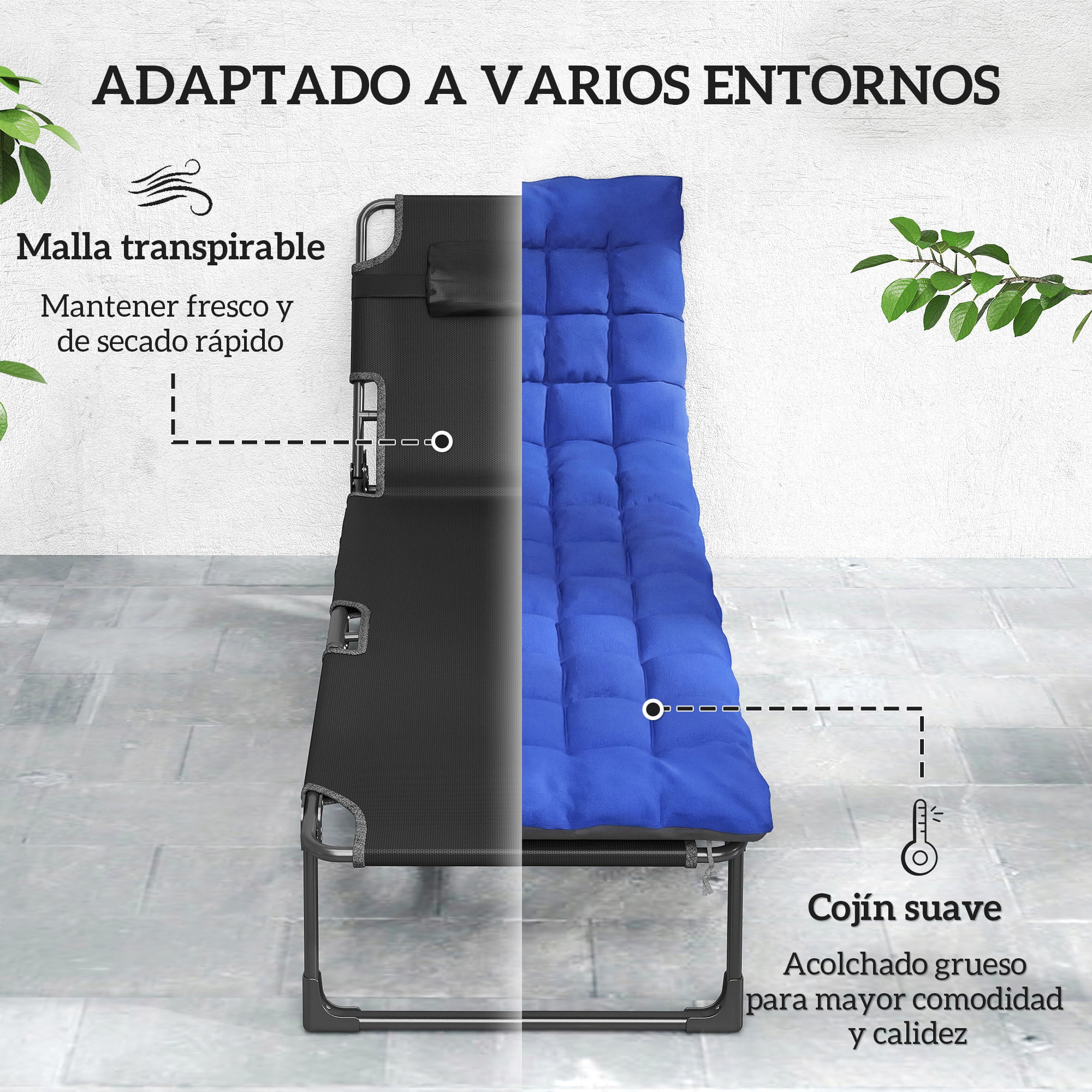 Set de 2 Tumbonas Jardín Exterior, Tumbonas Plegables con Cojines, Respaldo Reclinable 5 Posiciones, Asiento Extra Ancho de Textilene, Bolsillo Lateral y Reposacabezas para Playa, Azul