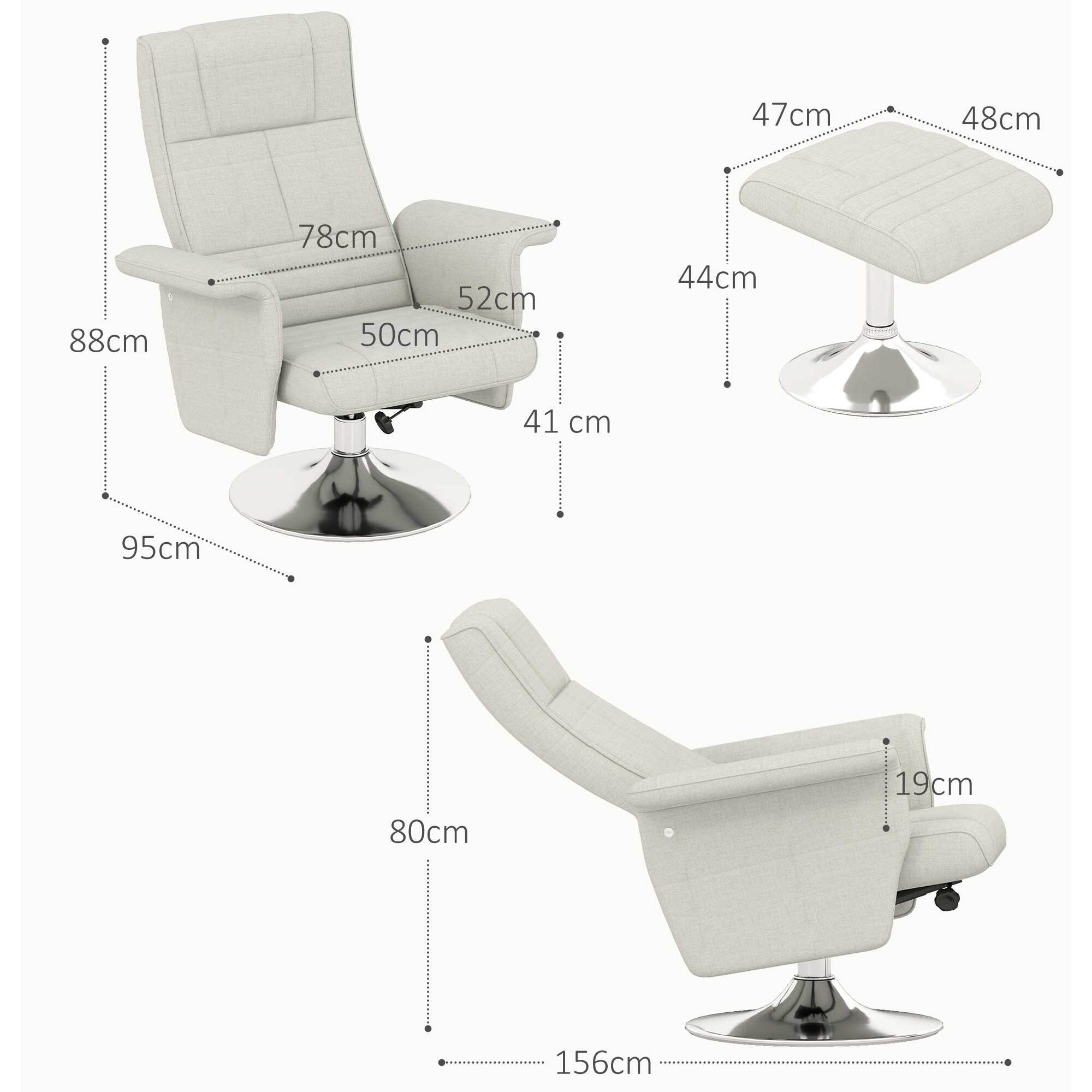 Fauteuil relax massant inclinable réglable avec repose-pied piètement acier chromé tissu grège clair