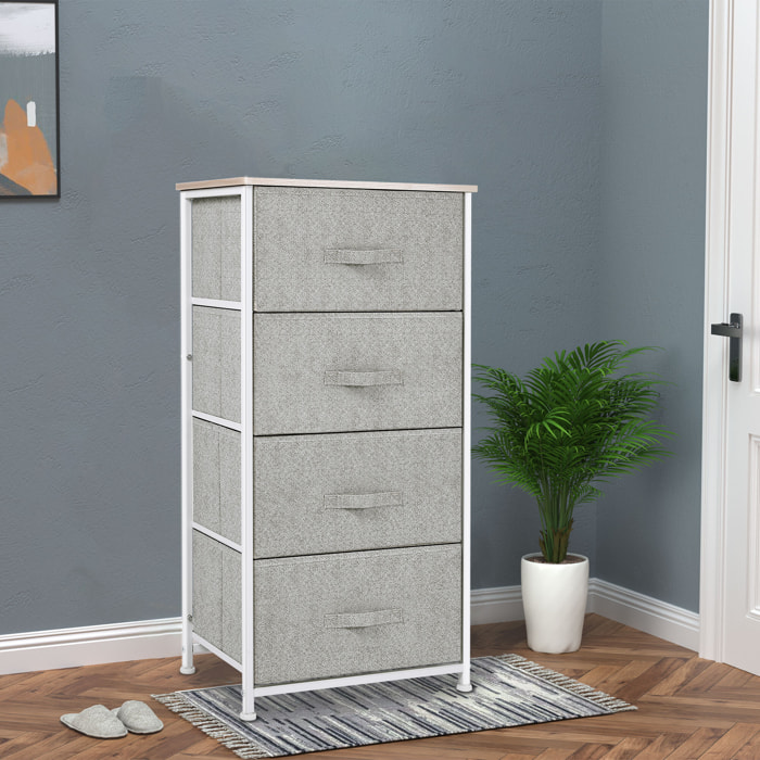 Chiffonnier meuble de rangement dim. 45L x 30l x 92H cm 4 tiroirs non-tissés gris structure métal blanc plateau MDF bois clair