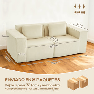 Sofá de 3 Plazas, Sofá de Salón, 202x90x76 cm, Tapizado en Pana, Acolchado Grueso, Asiento Extra Profundo, Reposabrazos Anchos, 2 Almohadas, Beige