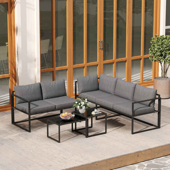 Ensemble salon de jardin d'angle 5 places 4 pièces modulables tables basses gigognes acier verre trempé noir gris