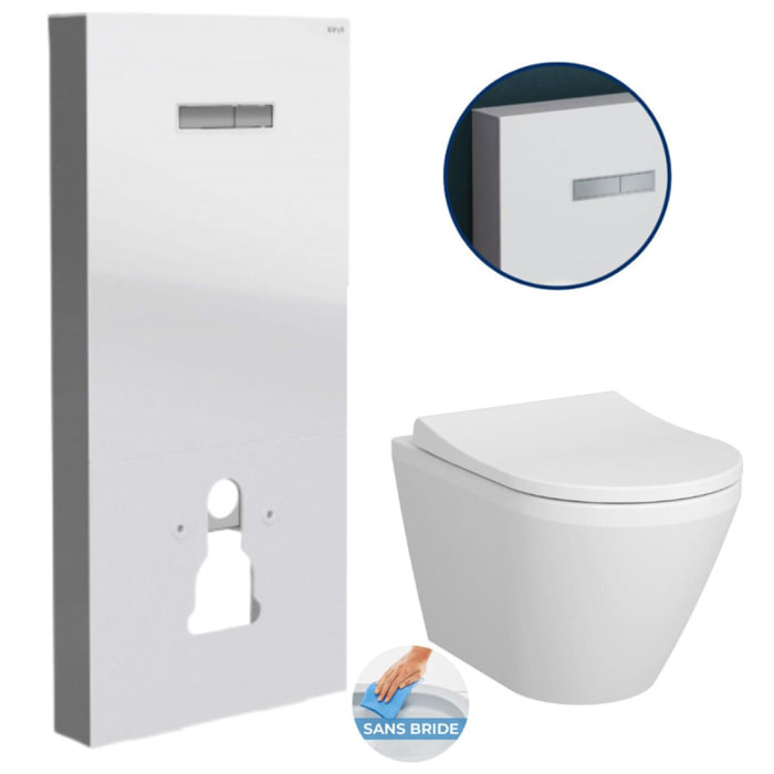 Pack WC Bâti support en verre trempé/aluminium brossé avec plaque intégrée, Blanc + WC sans bride Integra + Abattant softclose