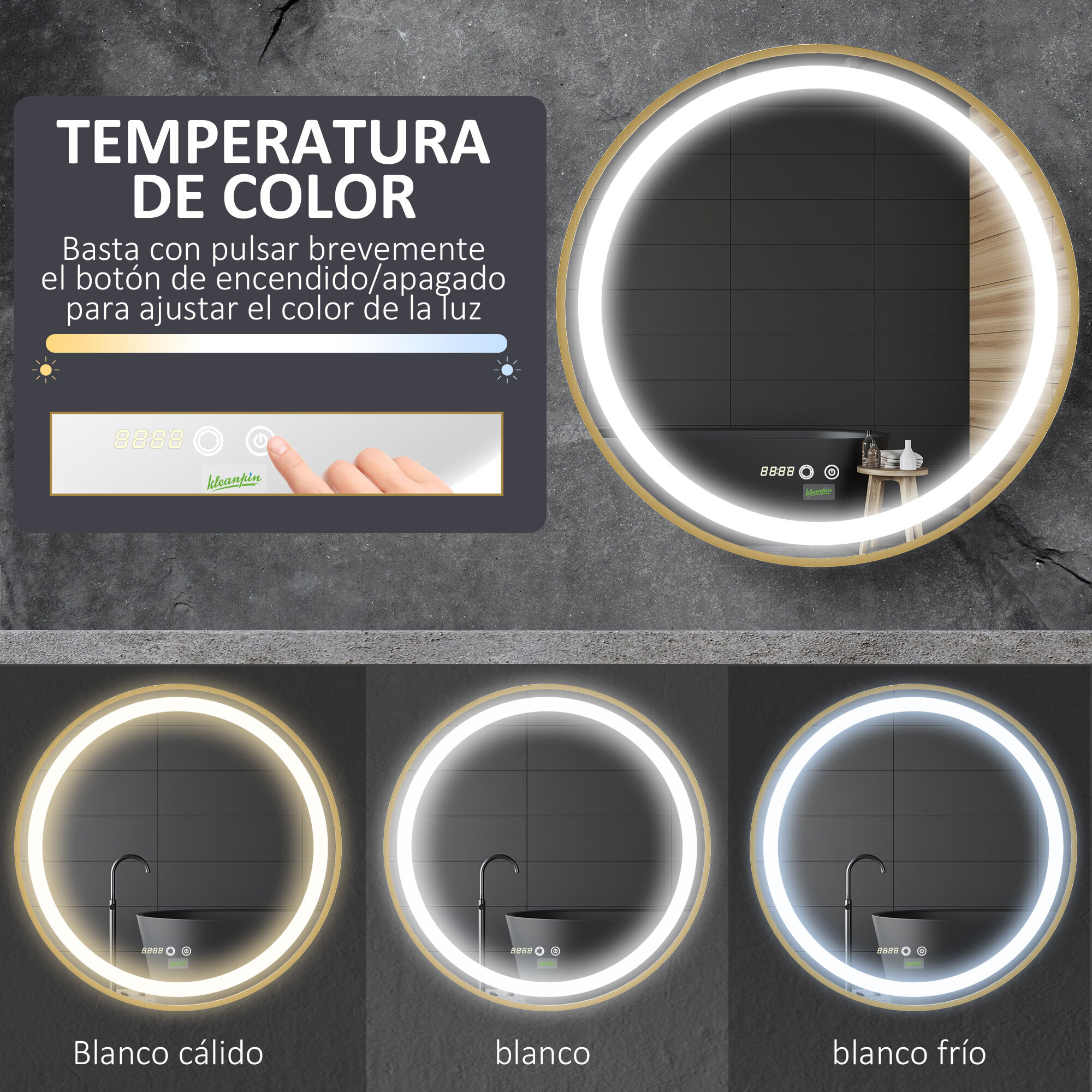 Espejo de Baño con Luz LED Ø60x4 cm Espejo Redondo con Interruptor Táctil 3 Luces Ajustable Visualización de Temperatura y Hora Función de Memoria Marco de Aluminio Dorado