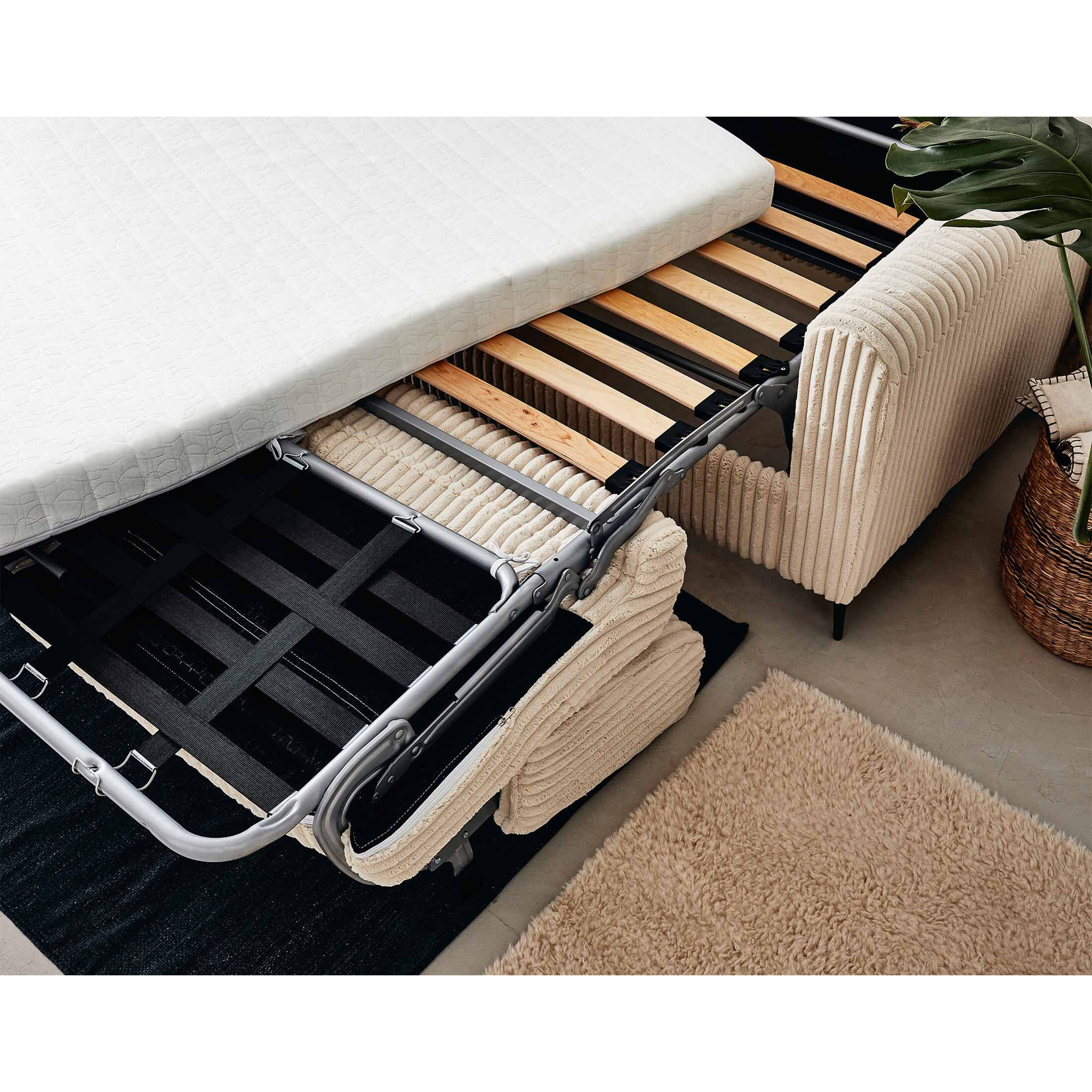 Owen - canapé lit 3 places convertible express couchage quotidien 140 cm matelas 12 cm en velours côtelé grosses côtes - Beige