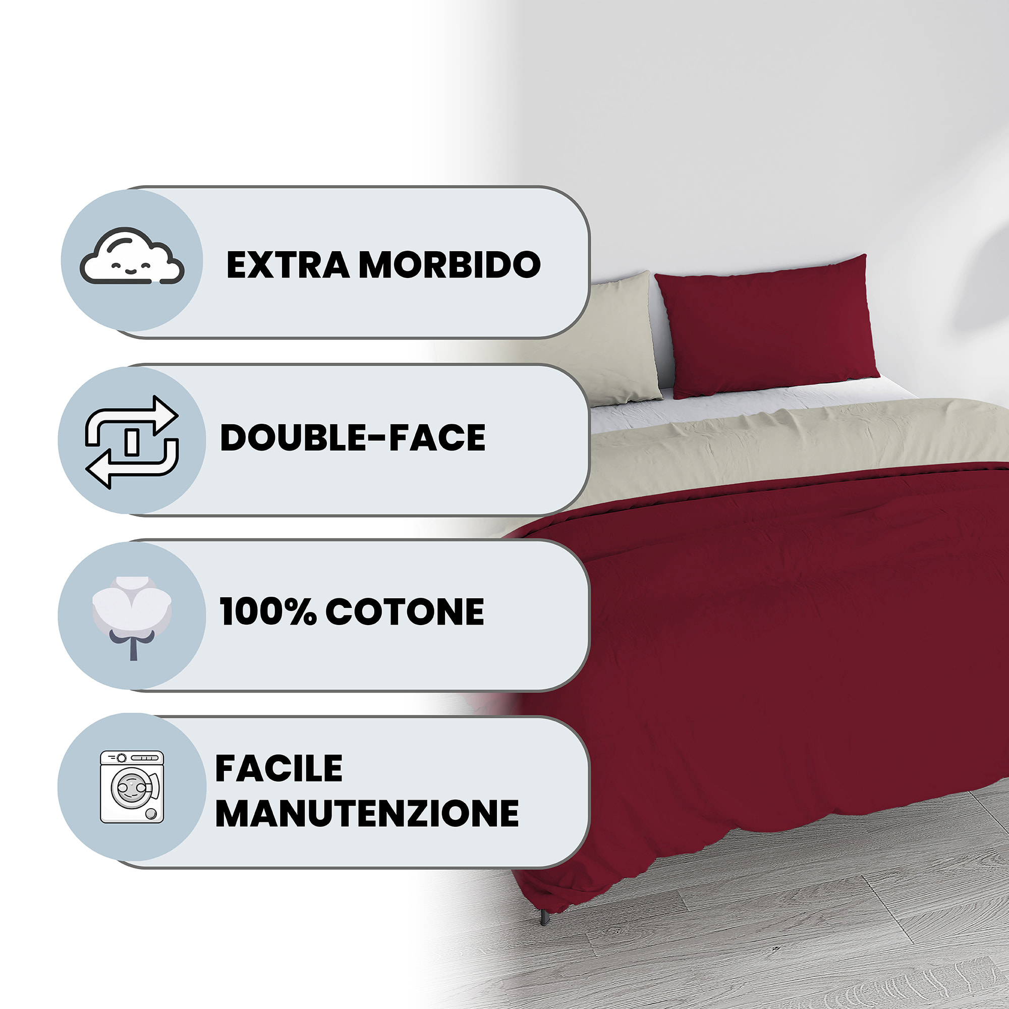 PARURE COPRIPIUMINO NATURAL COLOR, 100% Cotone, Made in Italy - BORDEAUX/PANNA