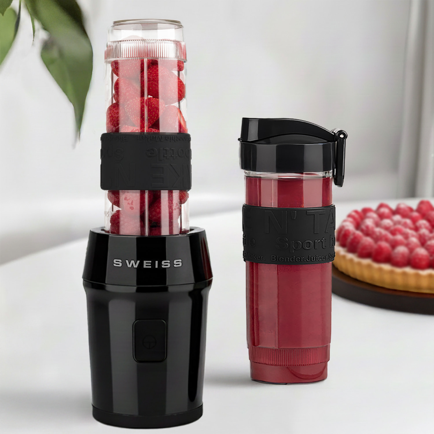 SWEISS Mini Batidora Portátil MOOV9, 2 Botellas de 570 ml con Tapas de Viaje, 4 Cuchillas de Acero Inoxidable, 300W, Negro
