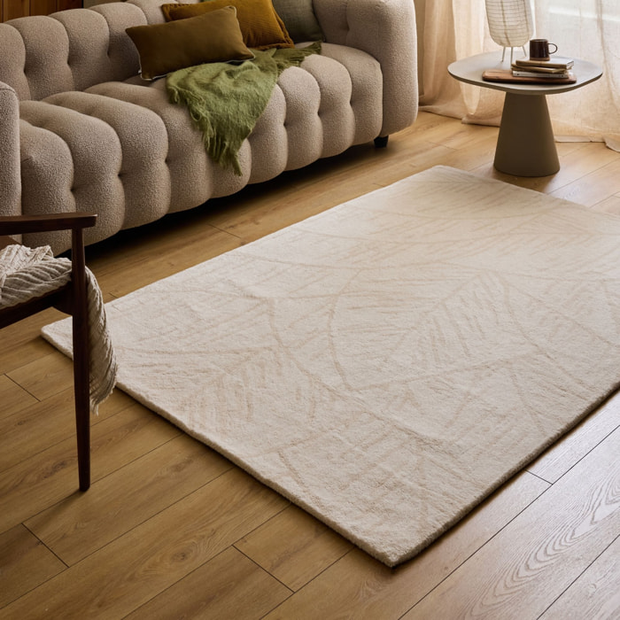 PANTONE - Tapis en laine fait main CEDRE BLANC à motif feuille crème