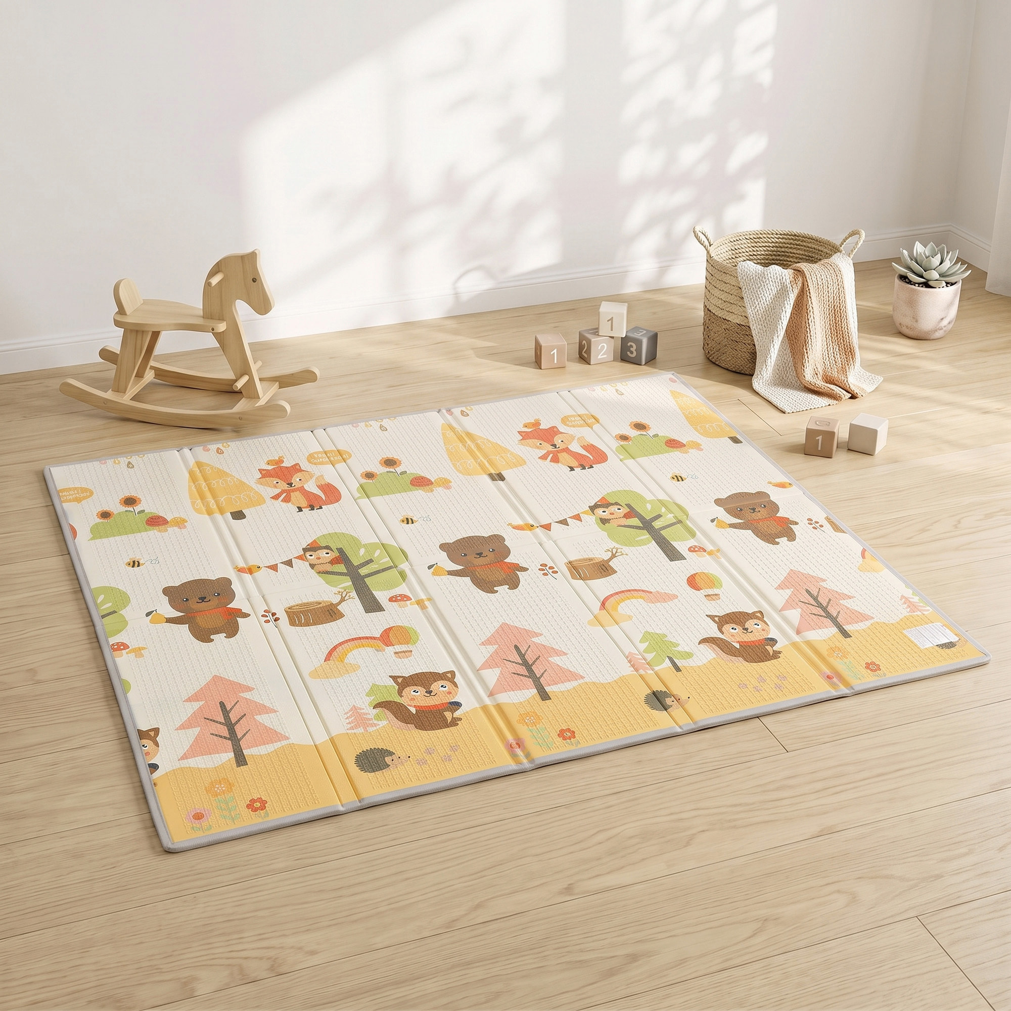 Alfombra Juego Bebé, Plegable y Reversible, 200x180 cm, Alfombra Educativa Antideslizante e Impermeable, Diseño Árbol y Bosque, para Gateo, Jugar y Aprendizaje, para Salón y Dormitorio