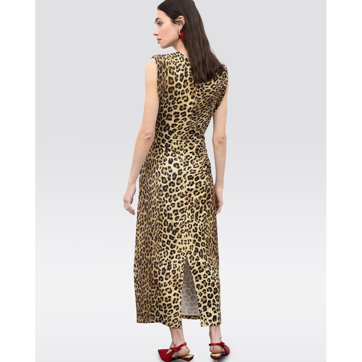 Abito midi aderente con drappeggio in stampa animalier
