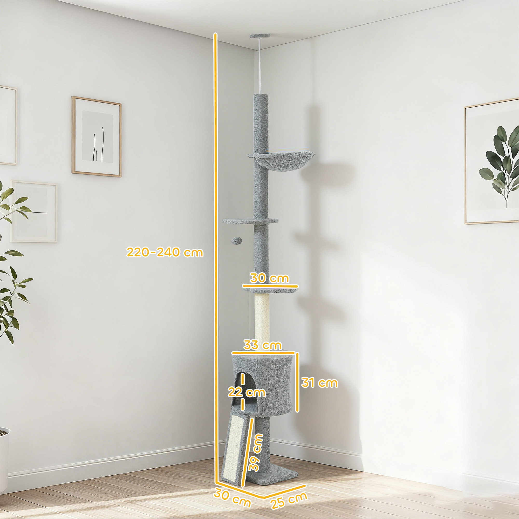 Árbol para Gatos de Suelo a Techo, Altura Ajustable de 220-240 cm, Torre para Gatos con Hamaca, Plataformas en Flor, Cuevas, Rampa y Bola, Gris Claro