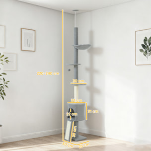 Árbol para Gatos de Suelo a Techo, Altura Ajustable de 220-240 cm, Torre para Gatos con Hamaca, Plataformas en Flor, Cuevas, Rampa y Bola, Gris Claro