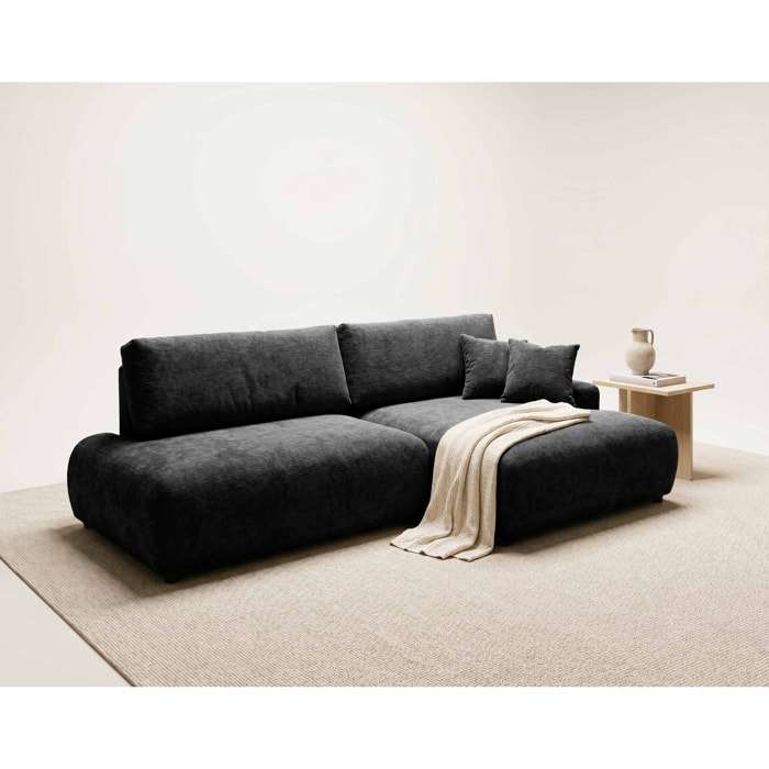 Pivoine - Canapé d'angle ouvert droit 4 places convertible avec coffre en tissu texturé - Noir