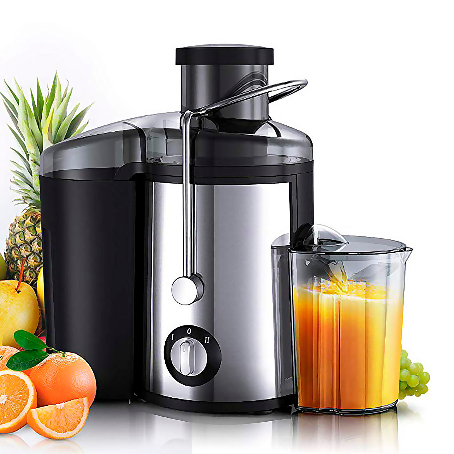 Frullatore spremitore elettrico 800w acciaio inox, doppia velocità (15-22000 rpm). Capacità di 1,5L di residui e vaso da 0,5L.