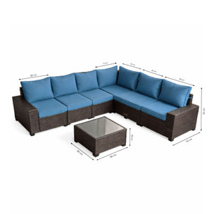 SONIA Salon de jardin d'angle 7 places en résine tressée avec table gris et bleu