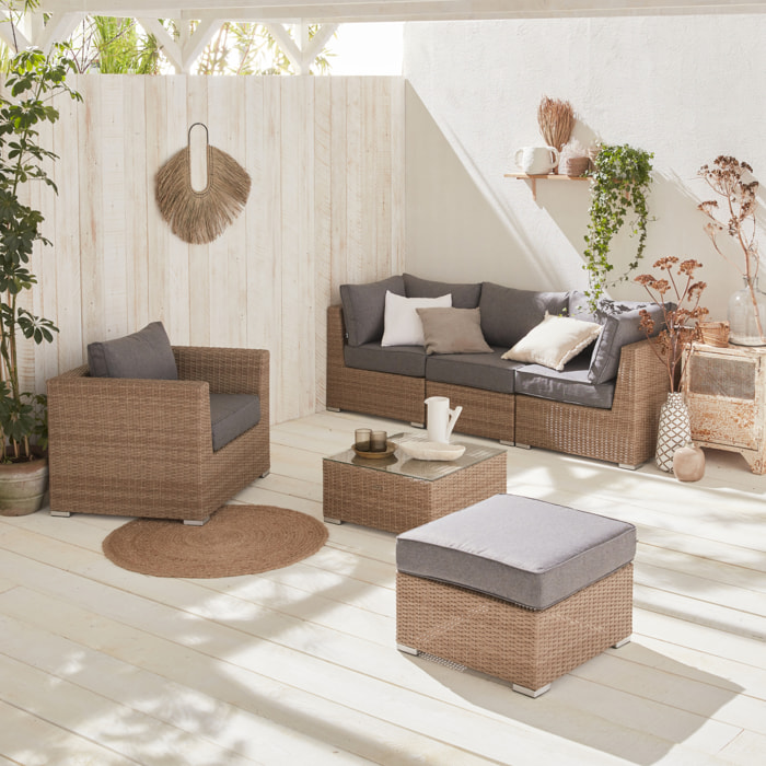 Salon de jardin Premium en résine tressée arrondie – VINCI – Résine naturelle style osier. coussins gris foncé – 5 places. haut de gamme