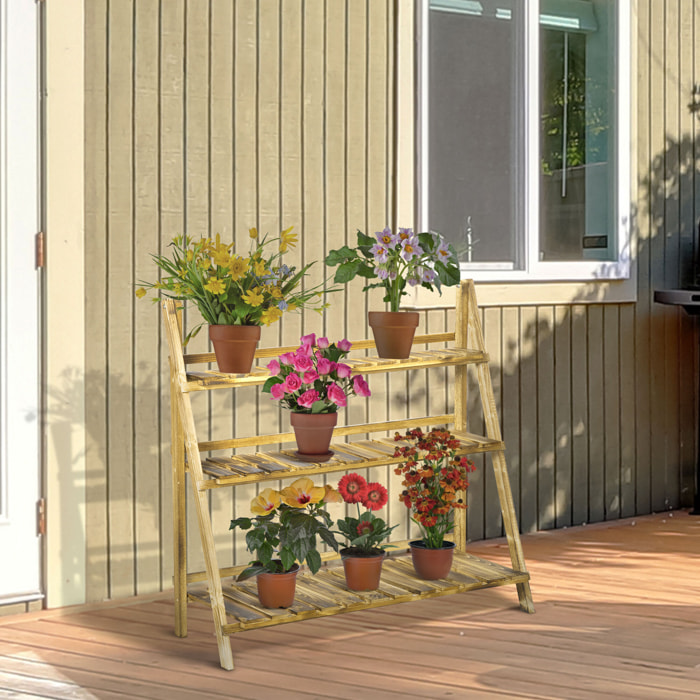 Soporte para Plantas de Madera de 3 Niveles, Estantería para Plantas Plegable con Base de Listones, Soporte para Macetas para Interior y Exterior, Terraza, Jardín, 100x37x93 cm, Carbonizado