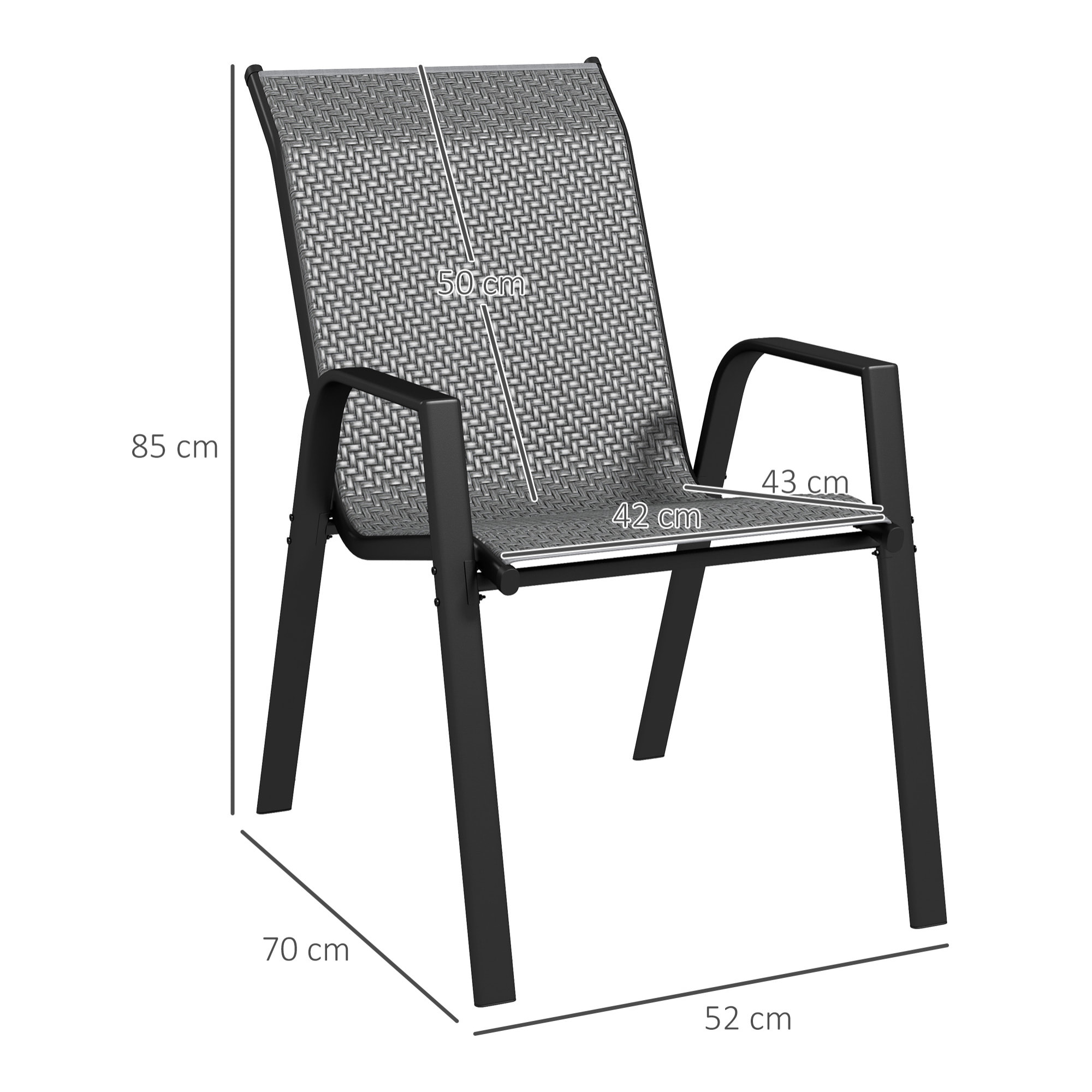Lot de 4 chaises de jardin empilables - accoudoirs - design - acier époxy noir résine tressée grise
