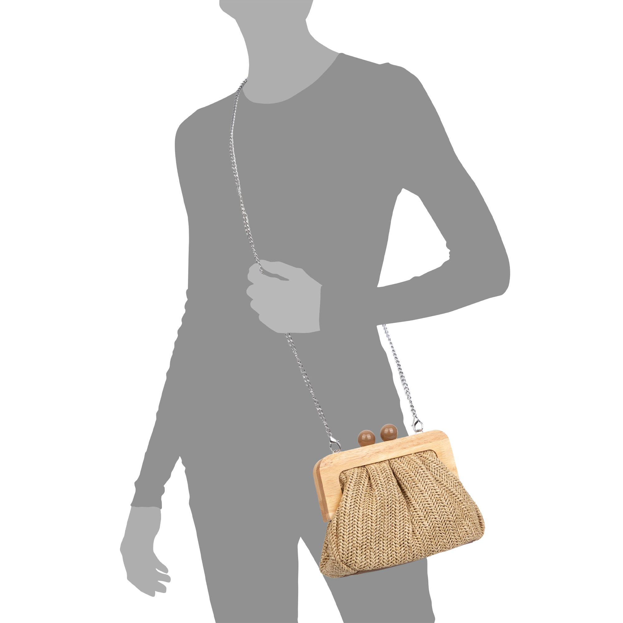 BeneLario Bolso bandolera Mujer. Tela con detalles de madera natural y piel sintética.