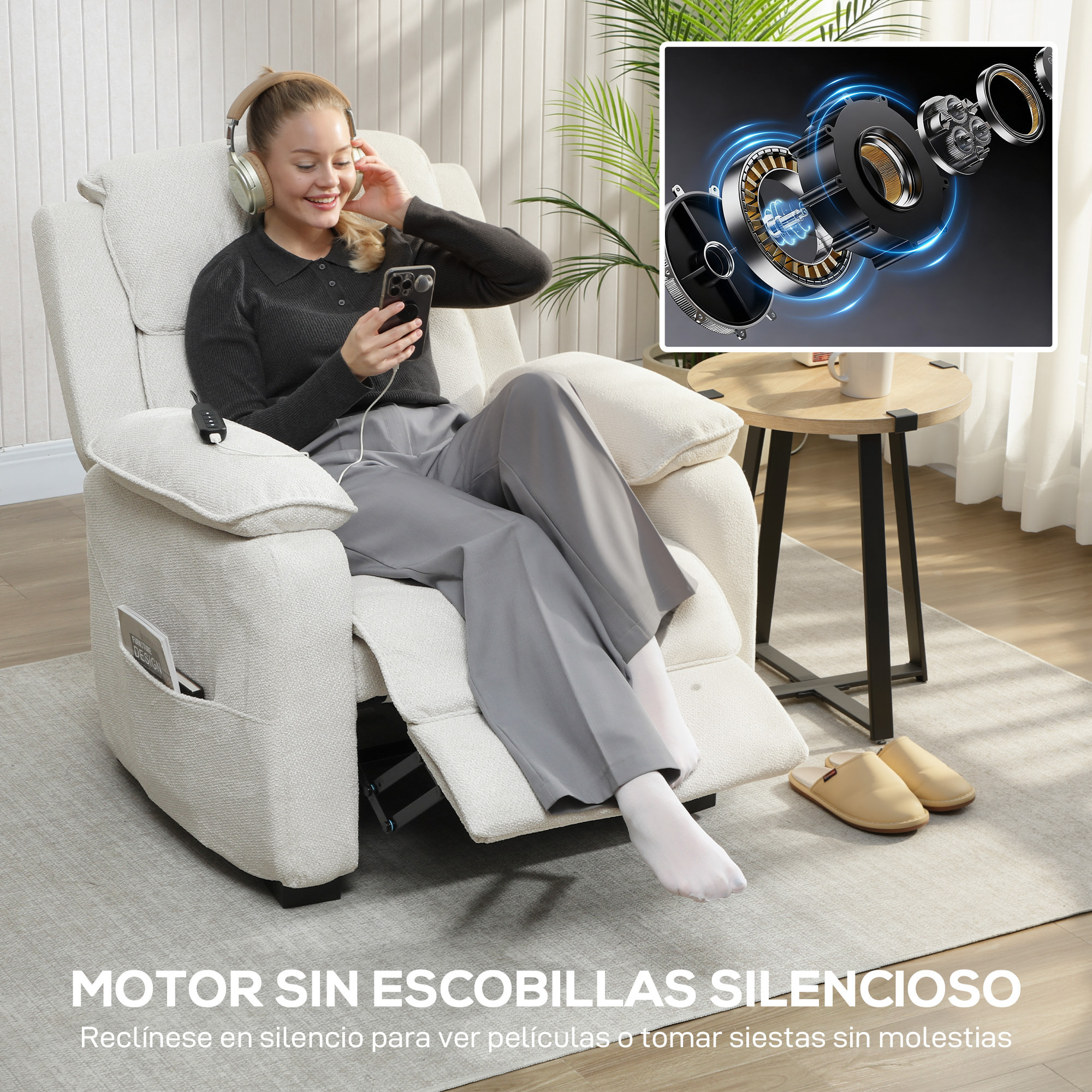 Sillón Relax Reclinable Eléctrico con Motor Silencioso, Sillón Reclinable de Terciopelo con Mando con 2 Posiciones de Memoria, Reposapiés, Reposacabezas, Puerto USB, Bolsillos, Blanco Crema