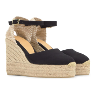 Alpargata de cuña 8 cm en lona de algodón con talonera trenzada y pulsera al tobillo