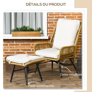 Fauteuil lounge de jardin inclinable avec repose-pied coussins inclus résine tressée aspect rotin