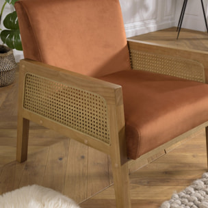 AGATHE - Fauteuil velours orange pieds bois et accoudoirs rotin