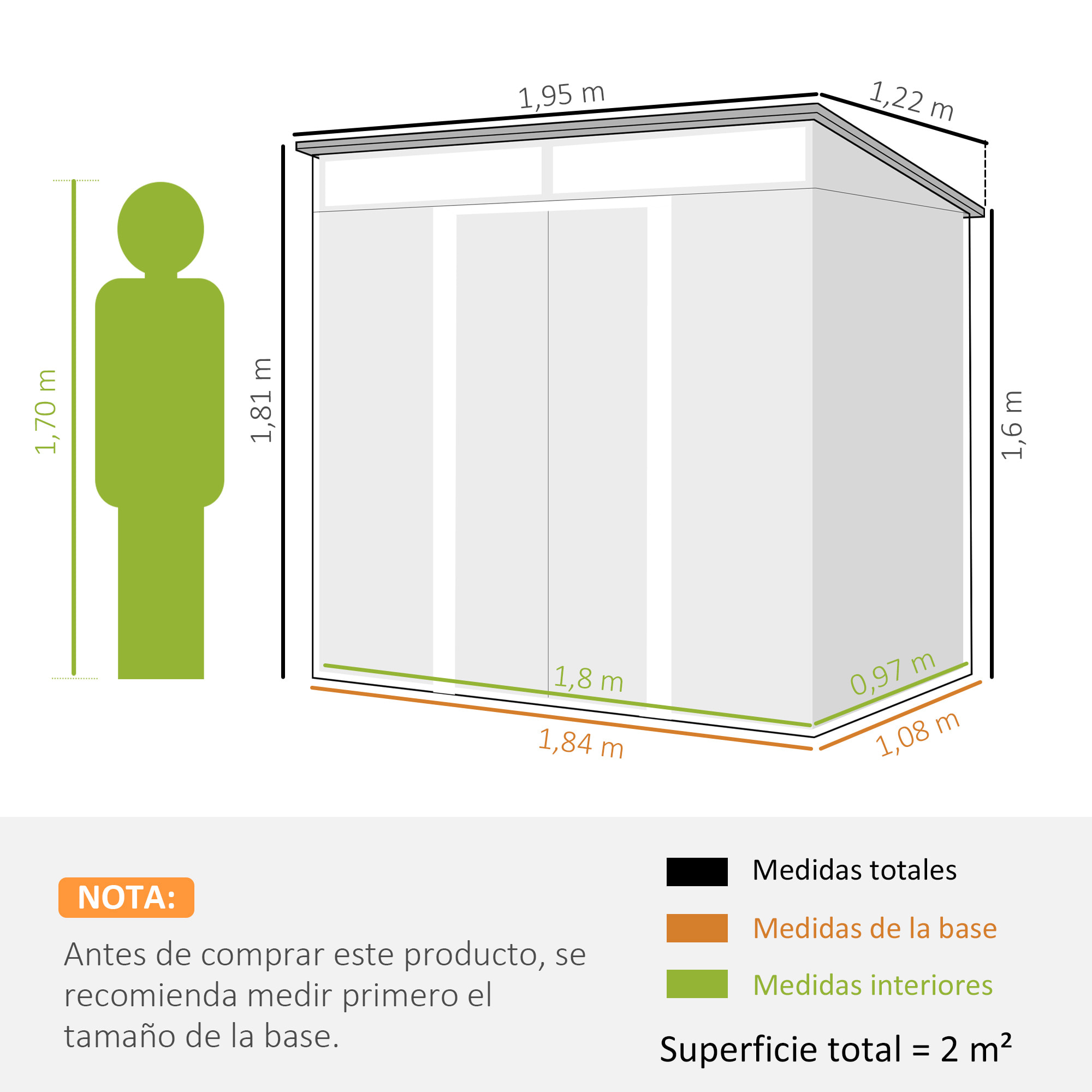 Caseta de Jardín Exterior 2 m² 195x122x181,5 cm Cobertizo de Jardín Exterior Metálica con Base SIN SUELO 2 Puertas Correderas Ventanas y Ganchos para Herramientas Gris Claro