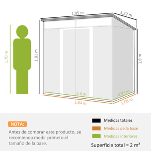 Caseta de Jardín Exterior 2 m² 195x122x181,5 cm Cobertizo de Jardín Exterior Metálica con Base SIN SUELO 2 Puertas Correderas Ventanas y Ganchos para Herramientas Gris Claro