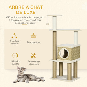 Arbre à chat style cosy chic griffoirs sisal naturel niche plateformes corde jeu boule peluche courte cordes d'algues tressées