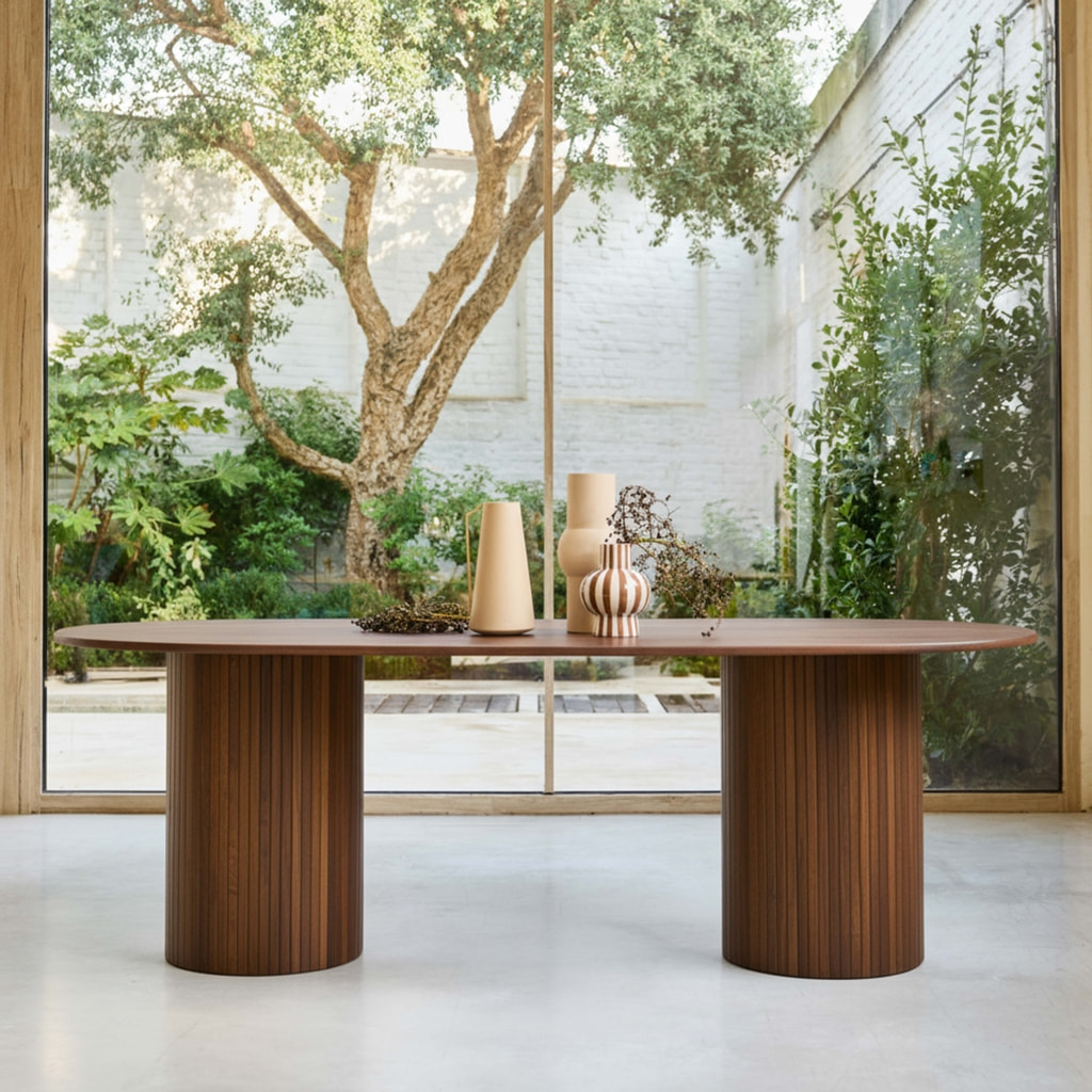 Table à manger oblongue bois d'hévéa et placage chêne 8 places noyer - L 220 x P 100 x H 73 cm - Estelle