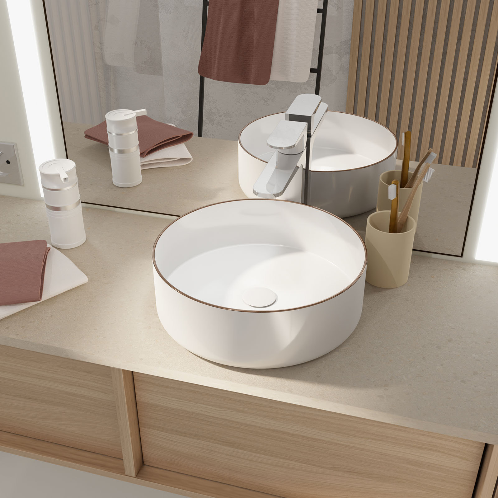 Vasque à poser ronde en céramique - Diamètre 36cm - Hauteur 12cm - Blanc et Liseré Or Rose