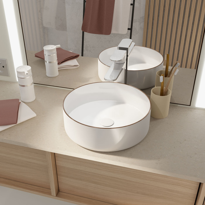 Vasque à poser ronde en céramique - Diamètre 36cm - Hauteur 12cm - Blanc et Liseré Or Rose