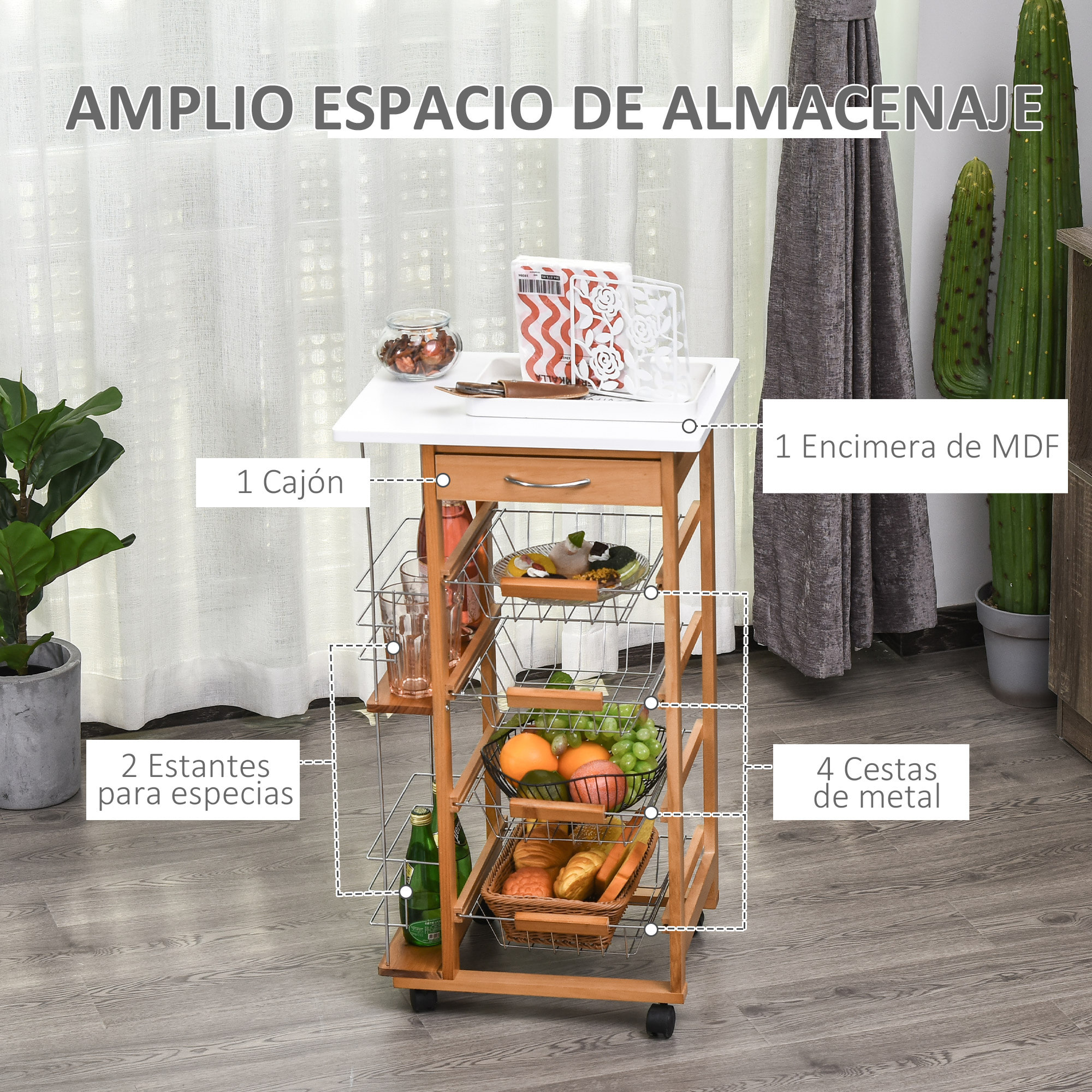 Carrito de Cocina de 5 Niveles 47x37x83cm Madera Natural